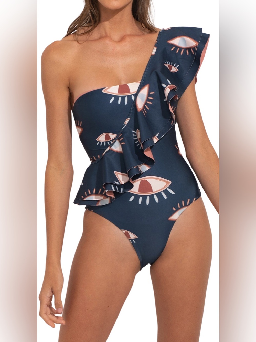 Ancora The Eye Catcher Bolero One-Shoulder Navy Ruffle One-Piece Swimsuit
